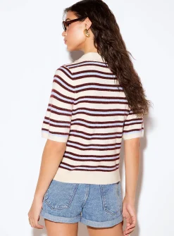 Plush knit striped cropped polo shirt
