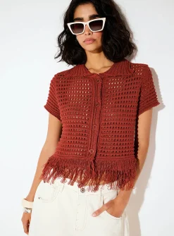 Plush-knit polo-collar fringed cardigan
