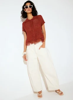 Plush-knit polo-collar fringed cardigan