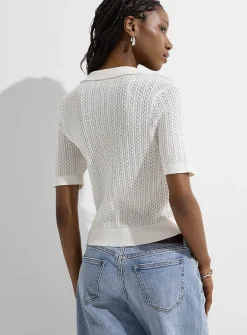 Pointelle knit Johnny-collar short-sleeve sweater