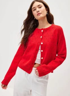 Pointelle knit red cardigan