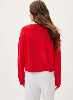 Pointelle knit red cardigan