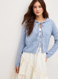 Pointelle knit sailor collar cardigan