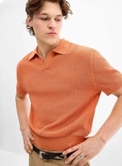 Pointelle stripe Johnny-collar polo
