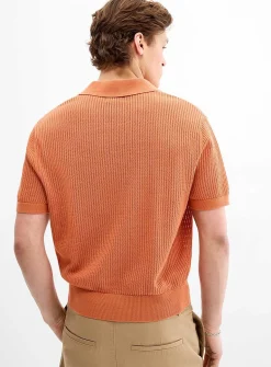 Pointelle stripe Johnny-collar polo