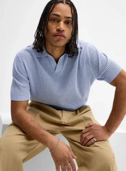 Pointelle stripe Johnny-collar polo