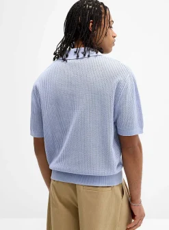 Pointelle stripe Johnny-collar polo