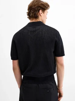 Pointelle stripe Johnny-collar polo