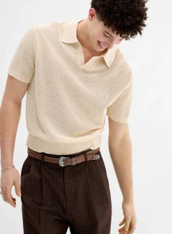 Pointelle stripe Johnny-collar polo