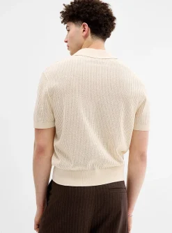 Pointelle stripe Johnny-collar polo