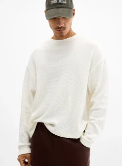 Pointelle stripe knit T-shirt