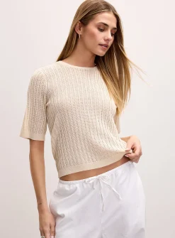 Pointelle-knit short-sleeve sweater