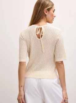 Pointelle-knit short-sleeve sweater