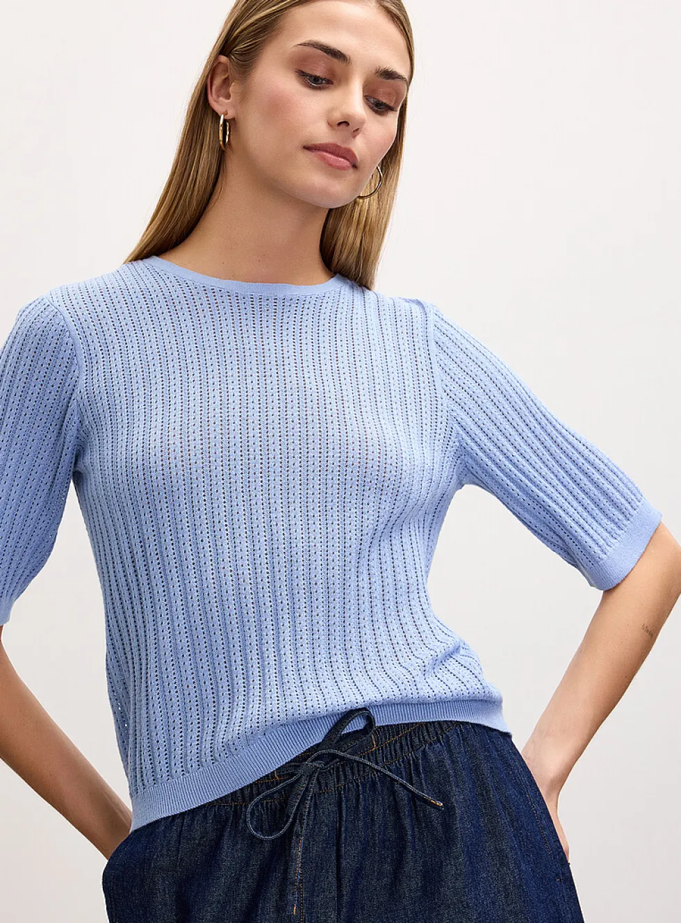 Pointelle-knit short-sleeve sweater