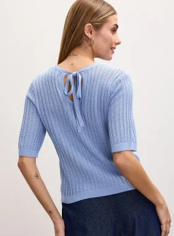 Pointelle-knit short-sleeve sweater