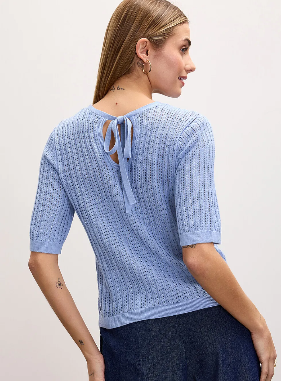 Pointelle-knit short-sleeve sweater