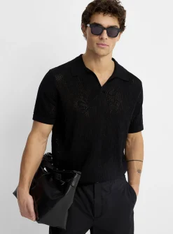 Pointelle-pattern knit Johnny collar polo