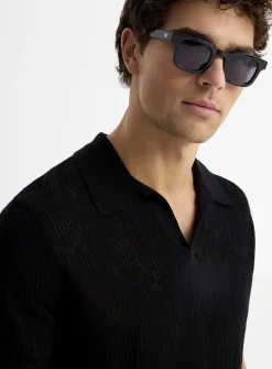 Pointelle-pattern knit Johnny collar polo
