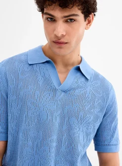 Pointelle-pattern knit Johnny collar polo