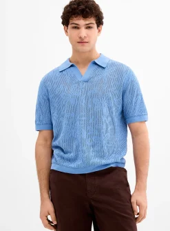 Pointelle-pattern knit Johnny collar polo