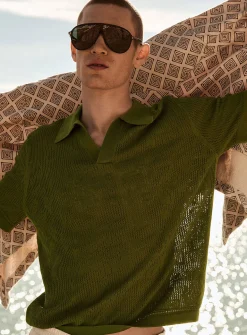 Pointelle-pattern knit Johnny collar polo
