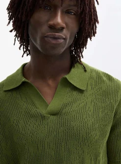 Pointelle-pattern knit Johnny collar polo
