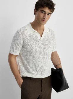 Pointelle-pattern knit Johnny collar polo