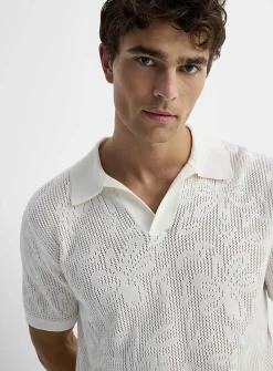 Pointelle-pattern knit Johnny collar polo