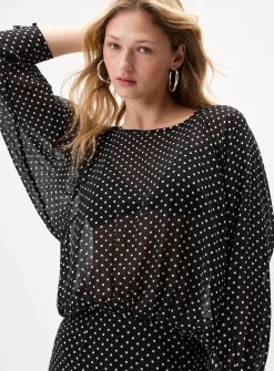 Poka-dotted blousing chiffon dress
