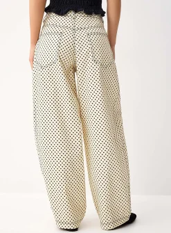 Polka-dotted barrel-leg jean
