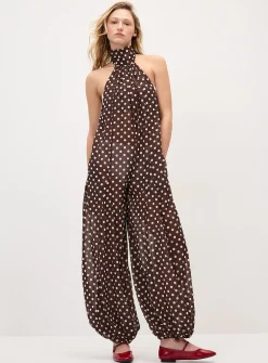 Polka-dotted chiffon halter jumpsuit