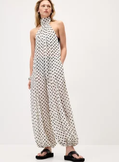 Polka-dotted chiffon halter jumpsuit