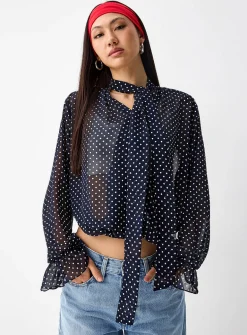 Polka-dotted scarf-neck chiffon blouse