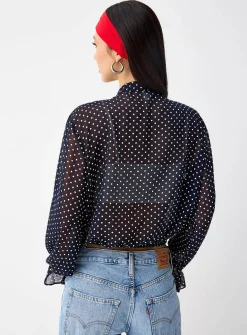 Polka-dotted scarf-neck chiffon blouse