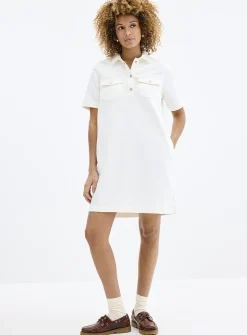 Polo collar white denim dress