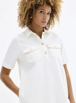 Polo collar white denim dress