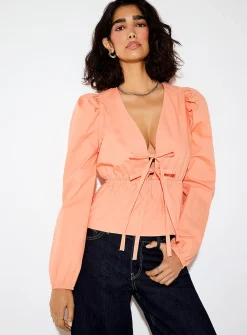 Poplin tie-waist plunging V-neck blouse