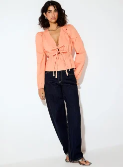 Poplin tie-waist plunging V-neck blouse