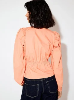 Poplin tie-waist plunging V-neck blouse
