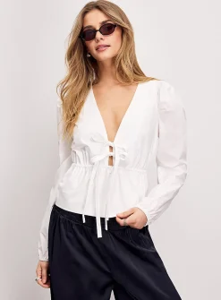 Poplin tie-waist plunging V-neck blouse
