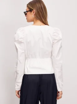 Poplin tie-waist plunging V-neck blouse