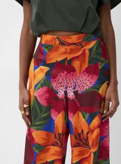 Printed double-face satin wide-leg pant