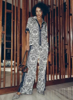 Printed double-face satin wide-leg pant