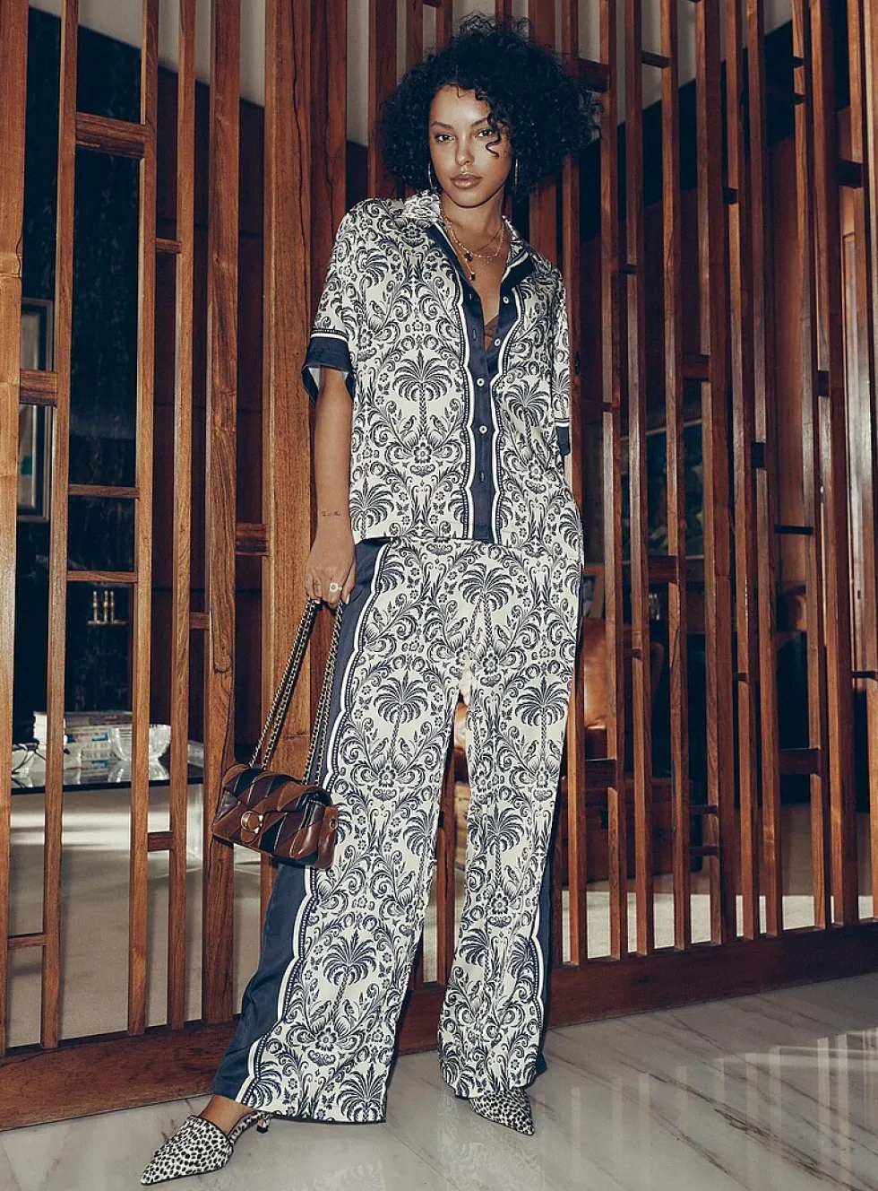 Printed double-face satin wide-leg pant