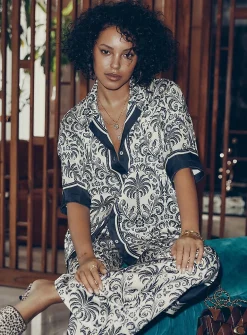 Printed double-face satin notch-collar loose blouse