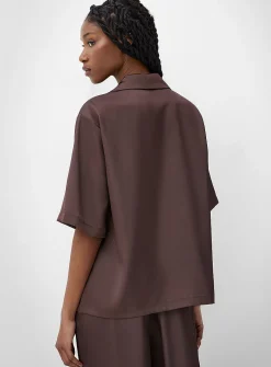 Printed double-face satin notch-collar loose blouse