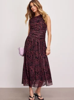 Printed draped-waist micromesh maxi dress