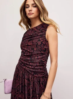 Printed draped-waist micromesh maxi dress