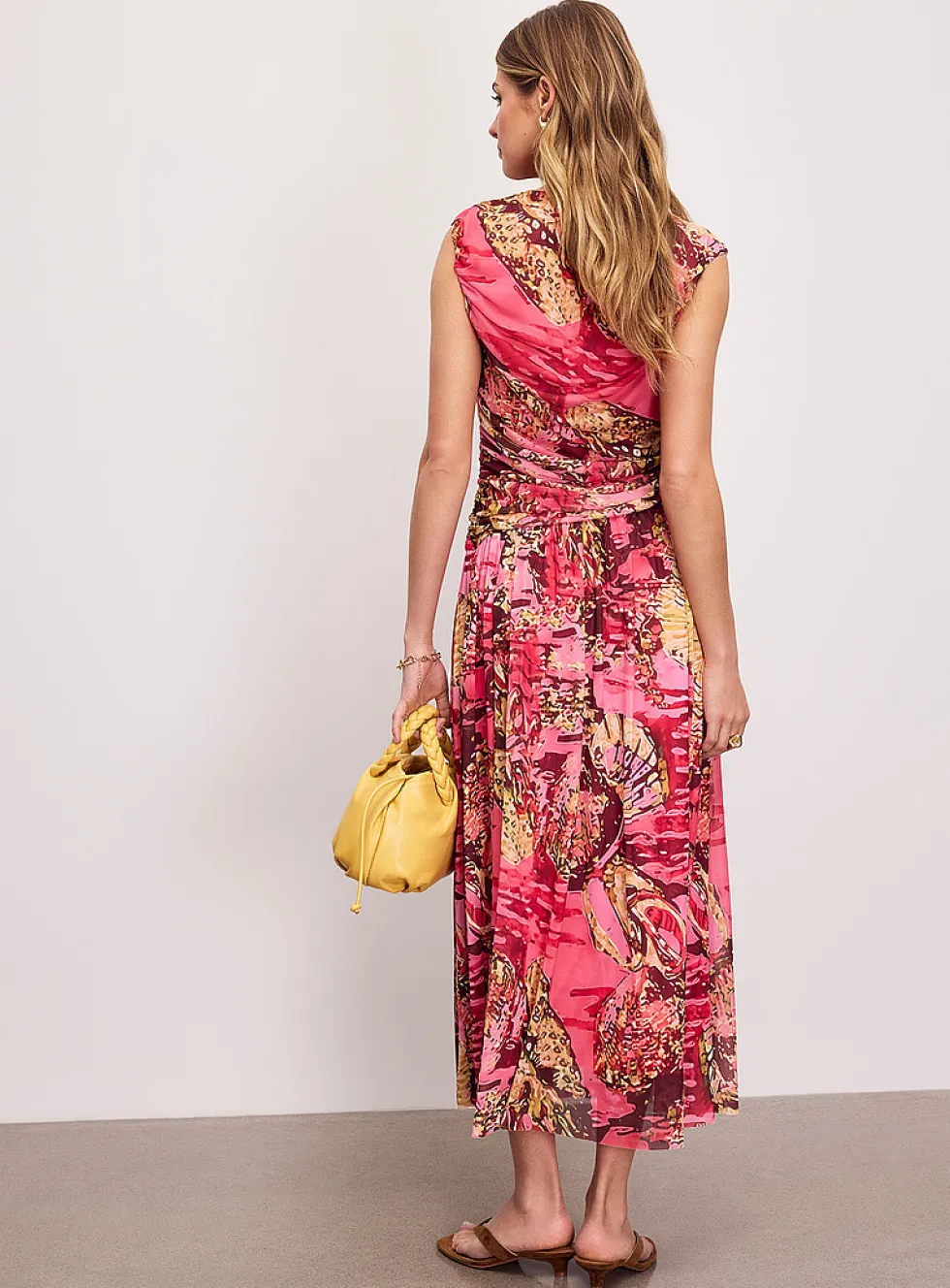 Printed draped-waist micromesh maxi dress