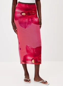 Printed mesh maxi skirt